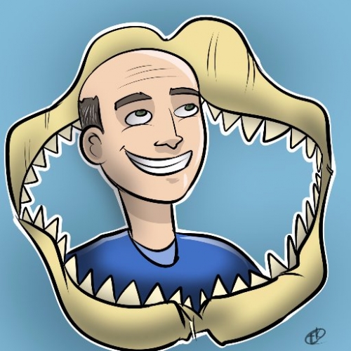 cartoon of Adam Summers ’86 in the bones of a shark's jaw and teeth